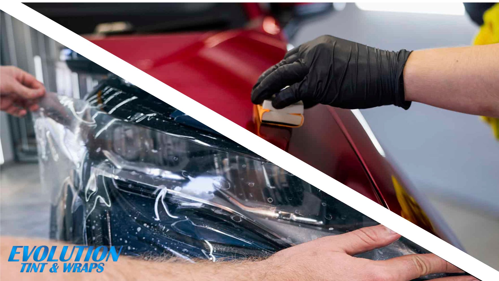 image showing two car detailing processes: on the left, a clear protective film being applied to a car; on the right, a gloved hand applying ceramic coating to a car